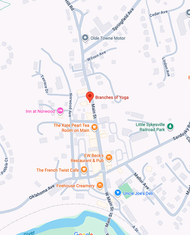 Google map screenshot of the Sykesville area with the Branches of Yoga location in the middle
